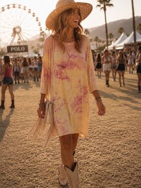 SOFT SILK Yellow & Pink Tie-Dye shift Dress